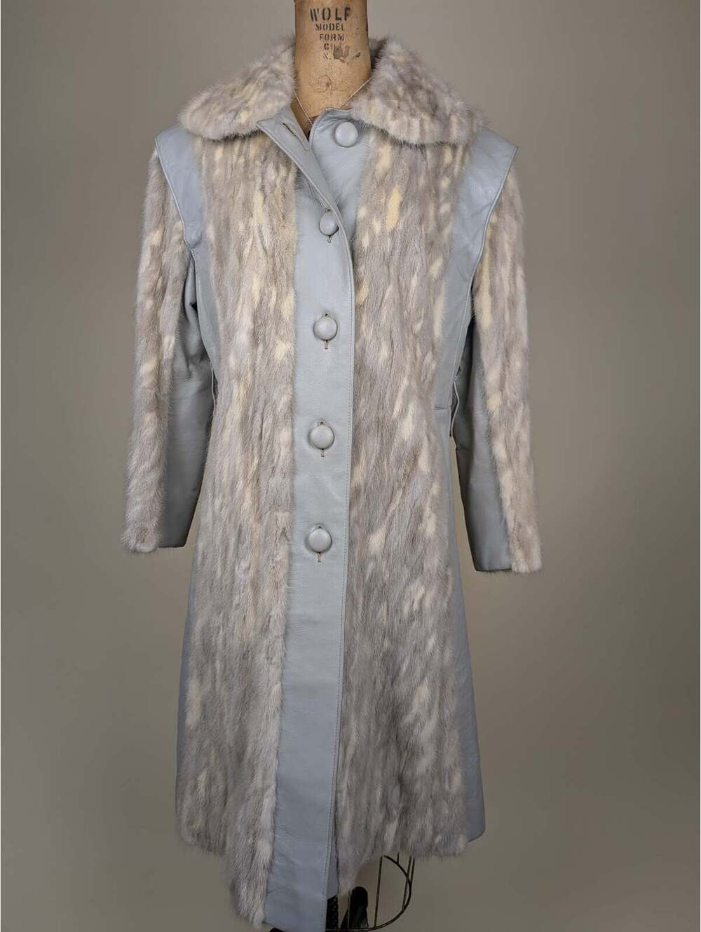 1980's real mink and gray leather panelled trench coat